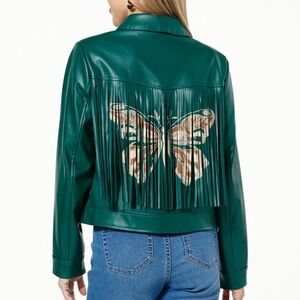 G by Giuliana Black Label Faux Leather Graphic Fringe Jacket Rainforest Green